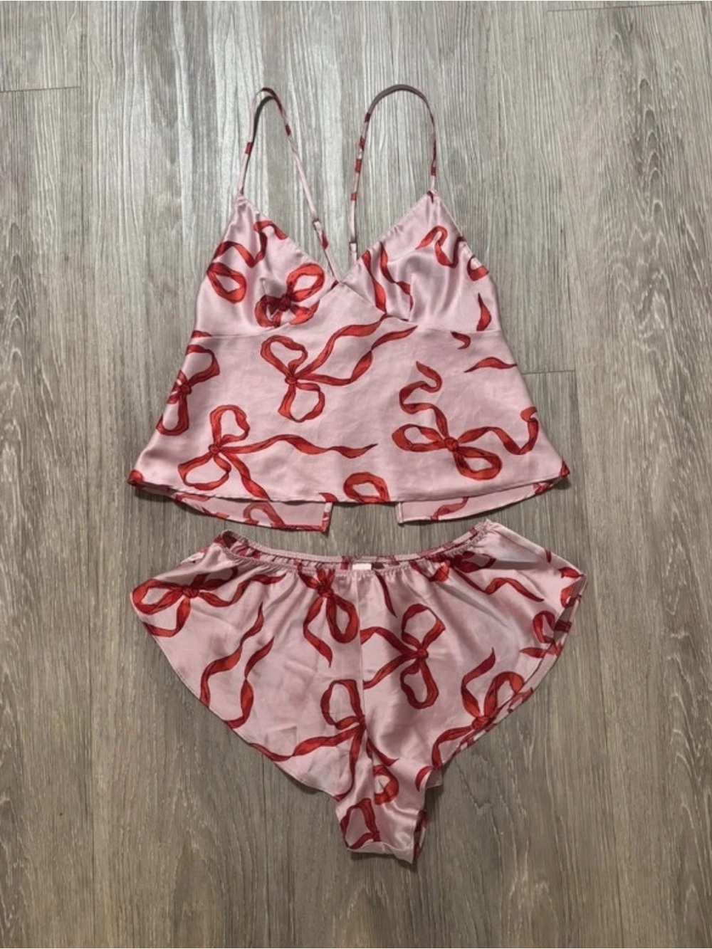 Victoria's Secret Pink Satin Cami & Shorts with Red Bow Print